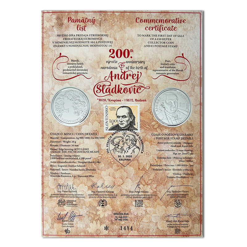 Pamätný list 10 EURO/2020 - Andrej Sládkovič - 200. výročie narodenia