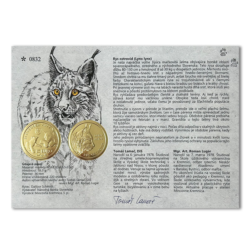 Autorská karta 5 EURO/2022 - Rys ostrovid - fauna a flóra na Slovensku