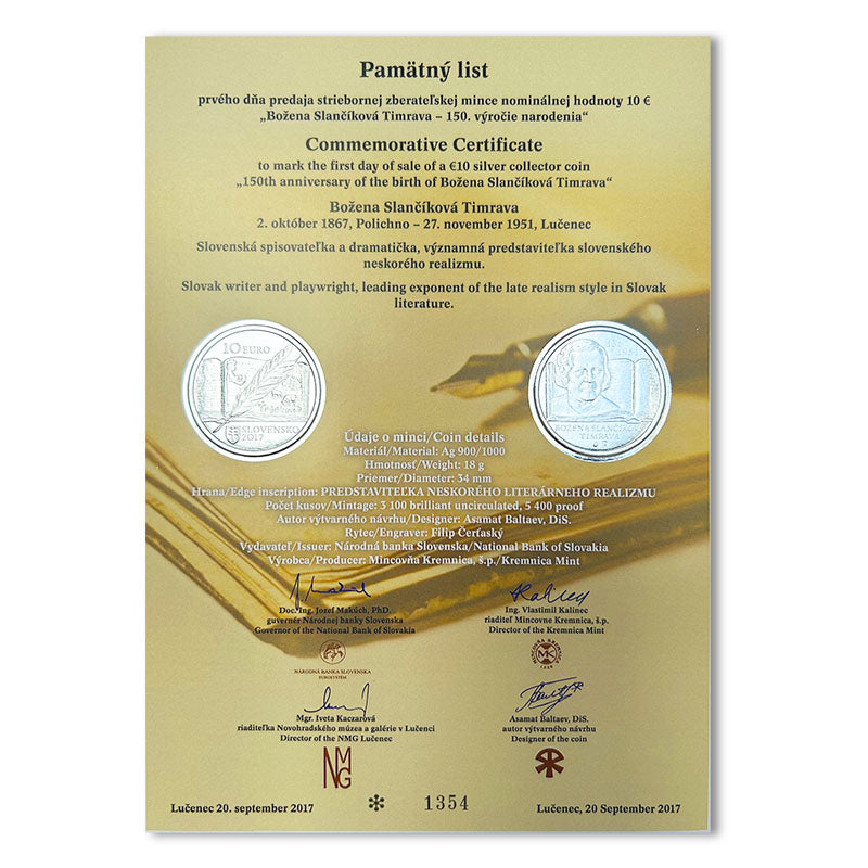 Pamätný list 10 EURO/2017 - Božena Slančíková Timrava – 150. výročie narodenia