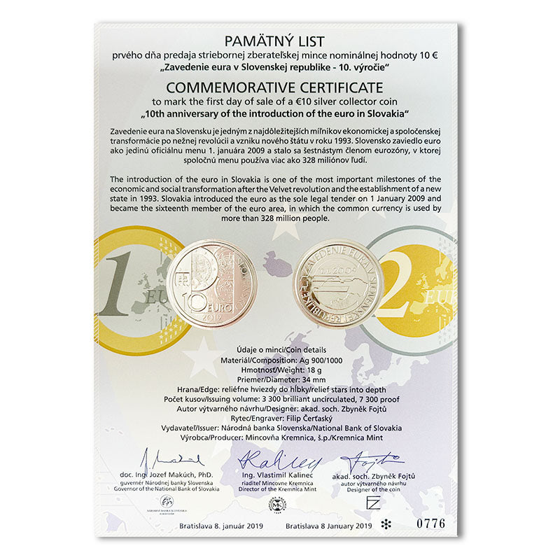 Pamätný list 10 EURO/2019 - Zavedenie eura v Slovenskej republike - 10. výročie