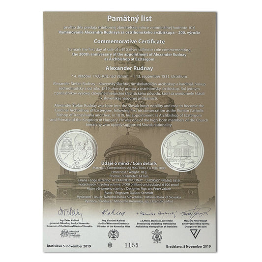Pamätný list 10 EURO/2019 - Alexander Rudnay - 200. výročie vymenovania za ostrihomského arcibiskupa