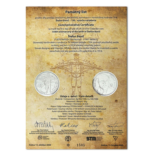 Pamätný list 10 EURO/2020 - Štefan Banič - 150. výročie narodenia