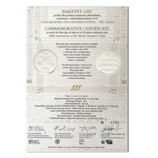 Pamätný list 10 EURO/2021 - Vznik Speváckeho zboru slovenských učiteľov - 100. výročie
