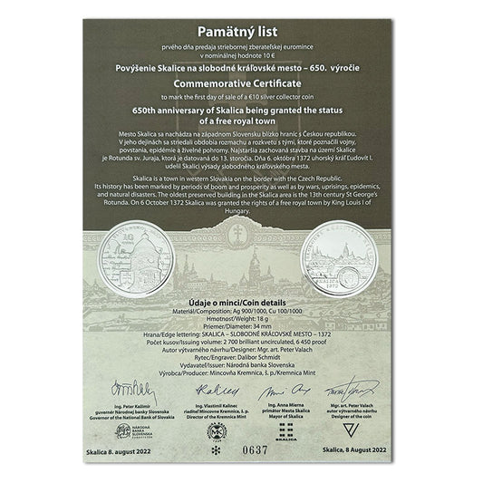 Pamätný list 10 EURO/2022 - Povýšenie Skalice na slobodné kráľovské mesto - 650. výročie