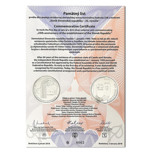 Pamätný list 25 EURO/2018 - Slovenská republika – 25. výročie vzniku