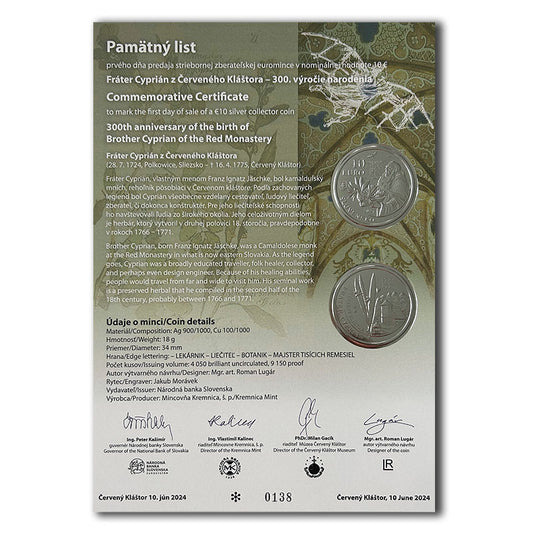 Pamätný list 10 EURO/2024 - Fráter Cyprián z Červeného Kláštora - 300. výročie narodenia