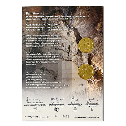 Pamätný list 100 EURO/2017 - Svetové prírodné dedičstvo – Jaskyne Slovenského krasu
