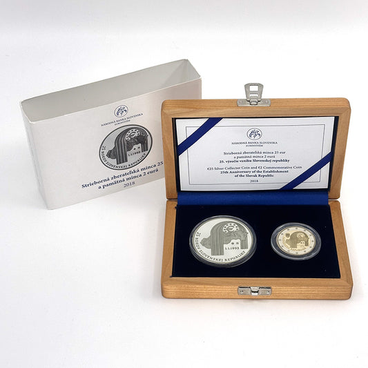 2 EURO + 25 EURO/2018 - Slovenská republika – 25. výročie vzniku, dvojička v drevenej etui