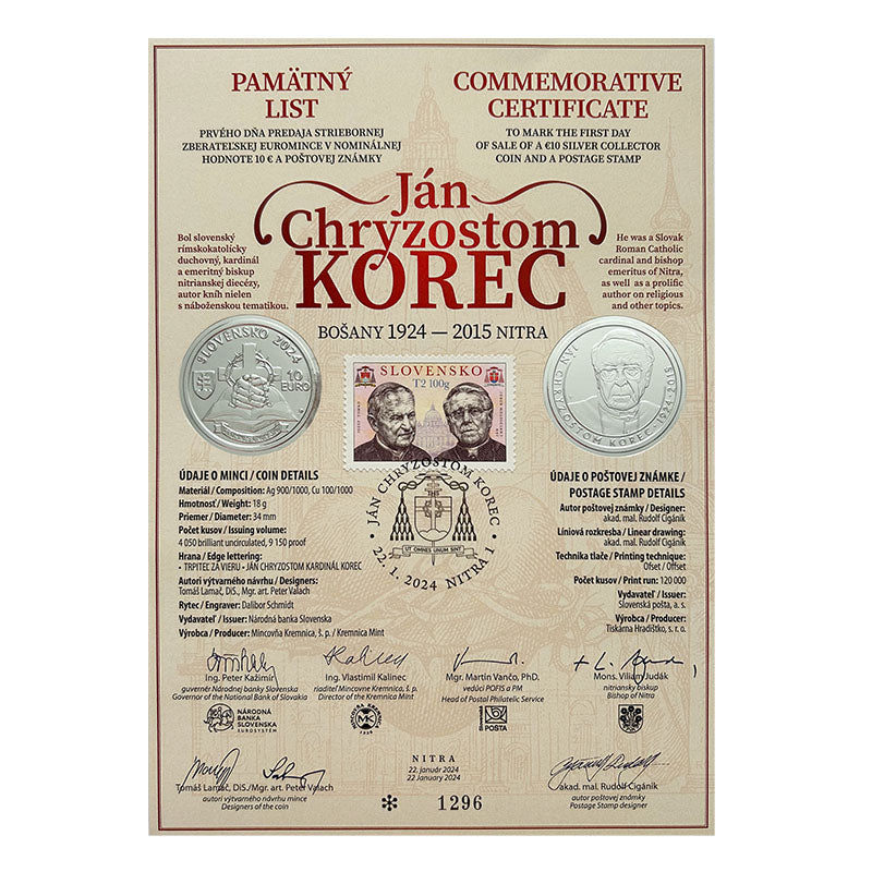 Pamätný list 10 EURO/2024 - Ján Chryzostom Korec - 100. výročie narodenia