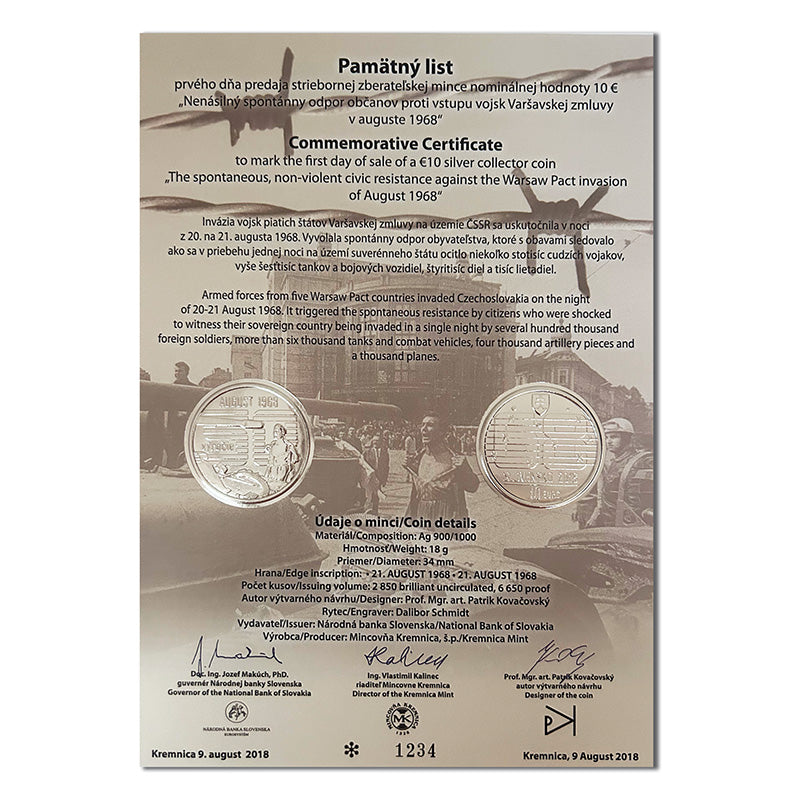 Pamätný list 10 EURO/2018 - Nenásilný spontánny odpor občanov proti vstupu vojsk Varšavskej zmluvy v auguste 1968